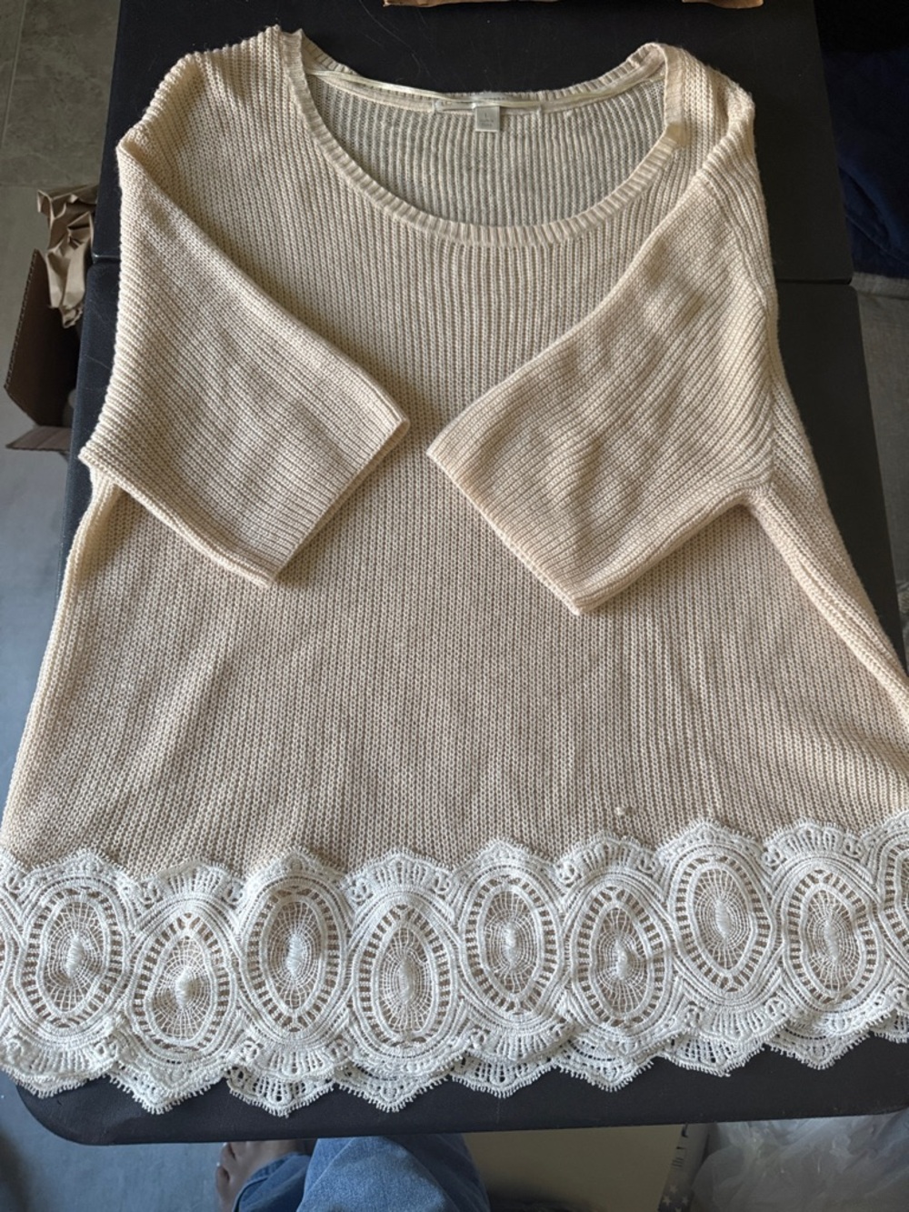 LC Lauren Conrad Cream Scoop Neck Knit Top with Lace Trim